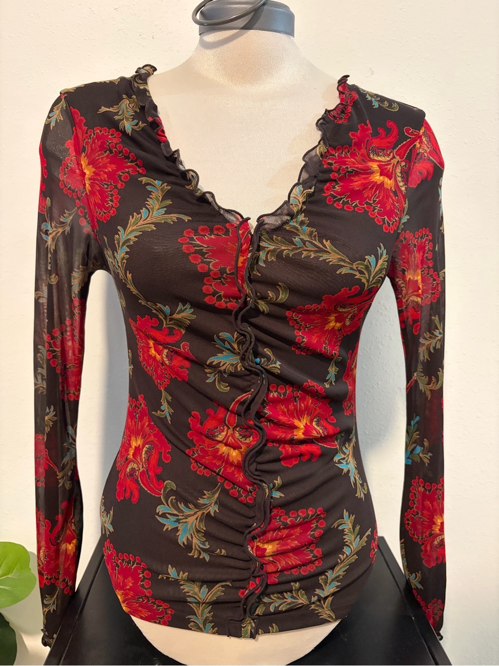 Express Black Long-Sleeve Ruffle-Front Top with Red Floral Print